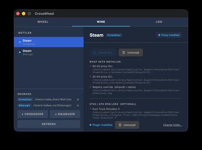 CrossWheel Wine tab listing CrossOver and Sikarugir source folders with the ETS2 and ATS RPM LED plugin installed